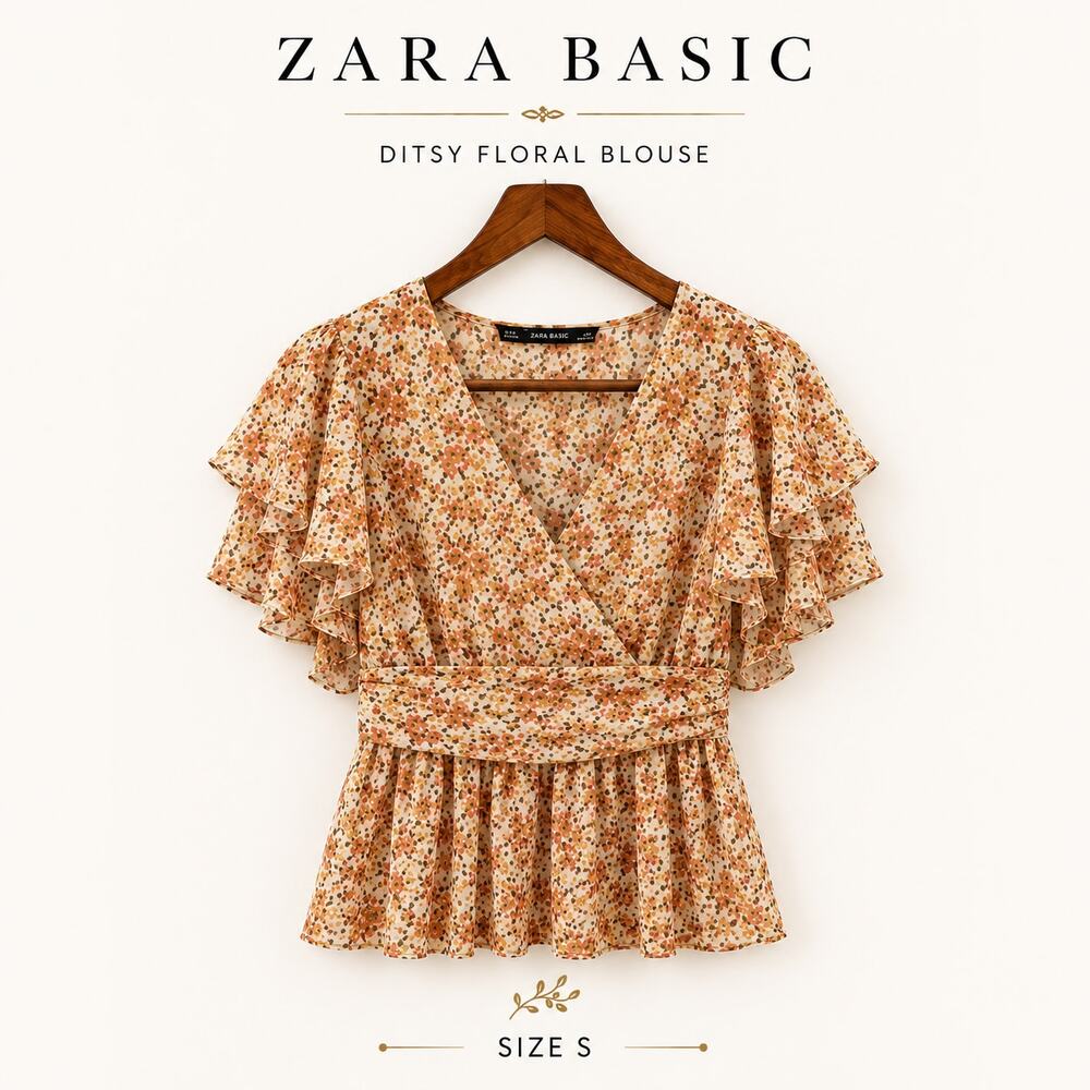 Zara Shirt Women's Small Ditsy Floral Blouse Cottagecore Gathered at Waist